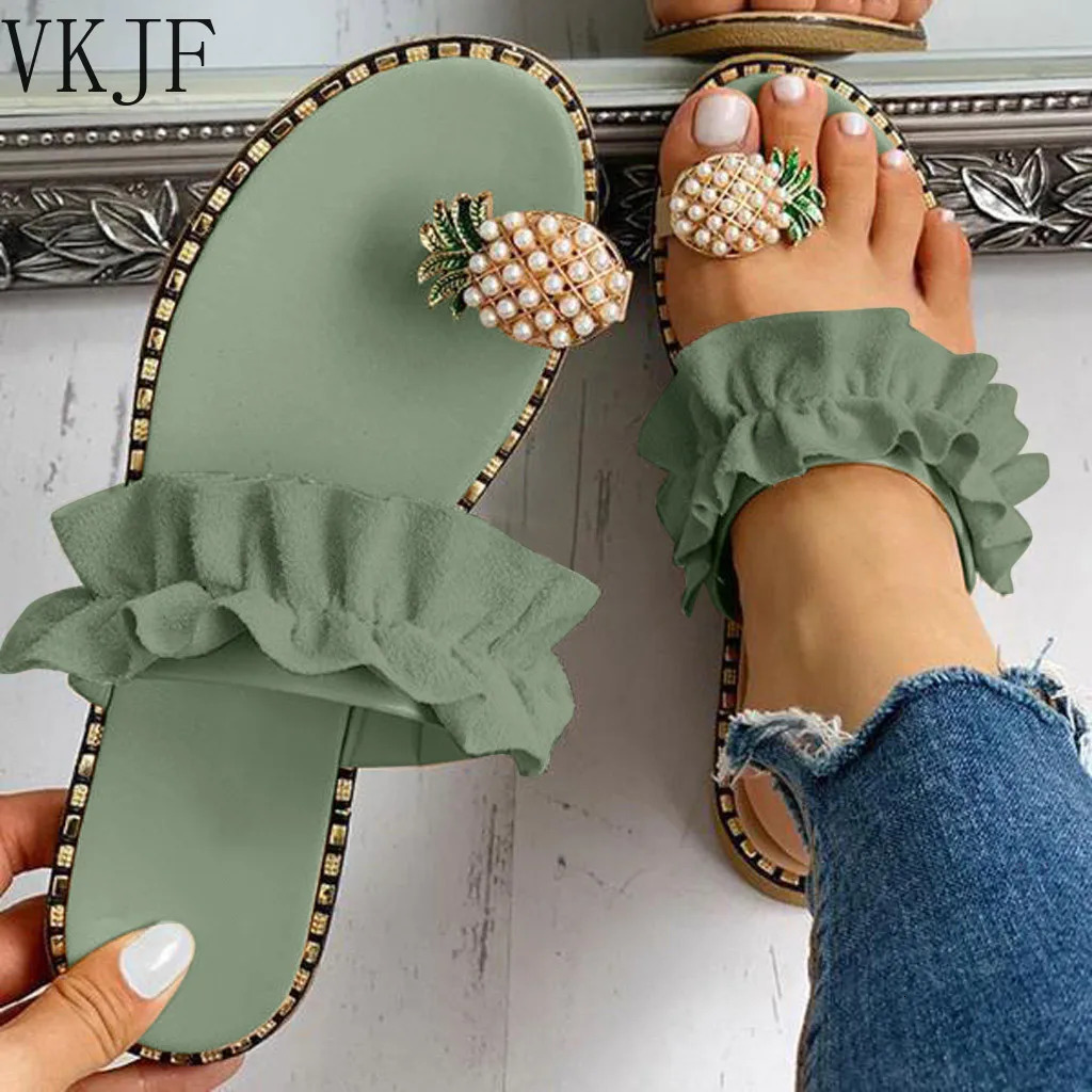 Women Slipper Pineapple Pearl Flat Toe Bohemian Summer Beach Sandals Ladies Shoes plus size Mujer Verano 260623