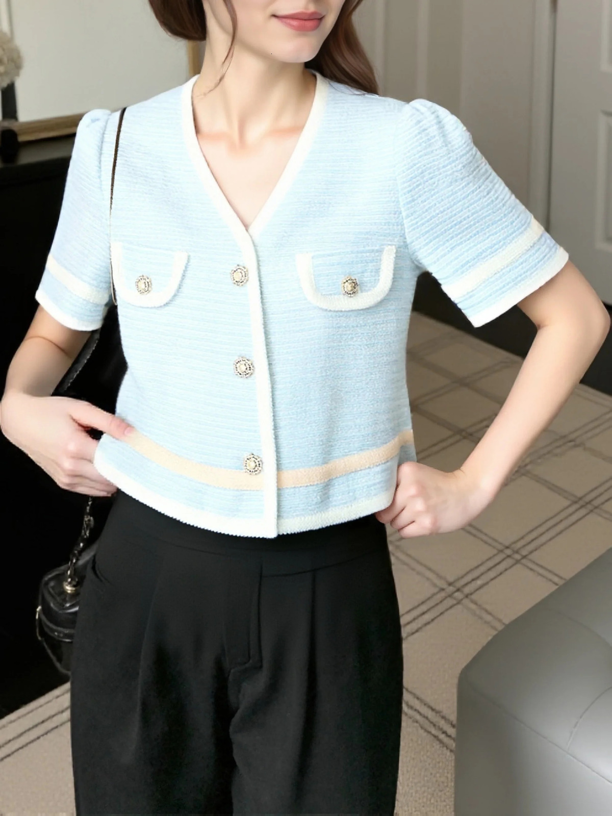 Women Light Blue Tweed Short Sleeve Jacket Striped Puff Gold Buttons Elegant Office Lady Coat Casual Daily Wear2809 260623