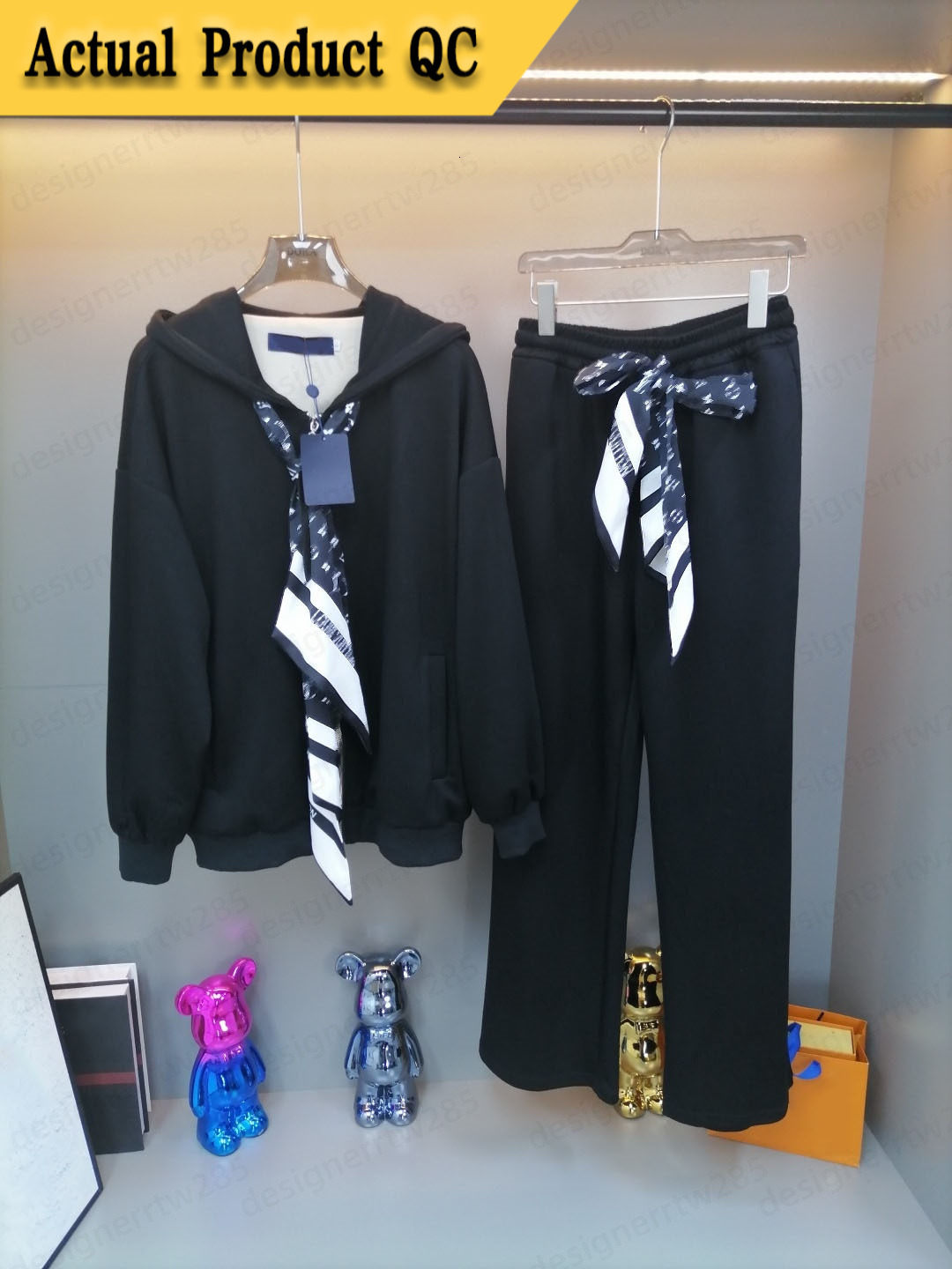 Luxury Designer Clothes Women Heavy Cotton Top Black Silk Tie Hoodie High Waist Pants Tracksuits Sweatsuits Matching Tracking Suit Sets-image-1111830765