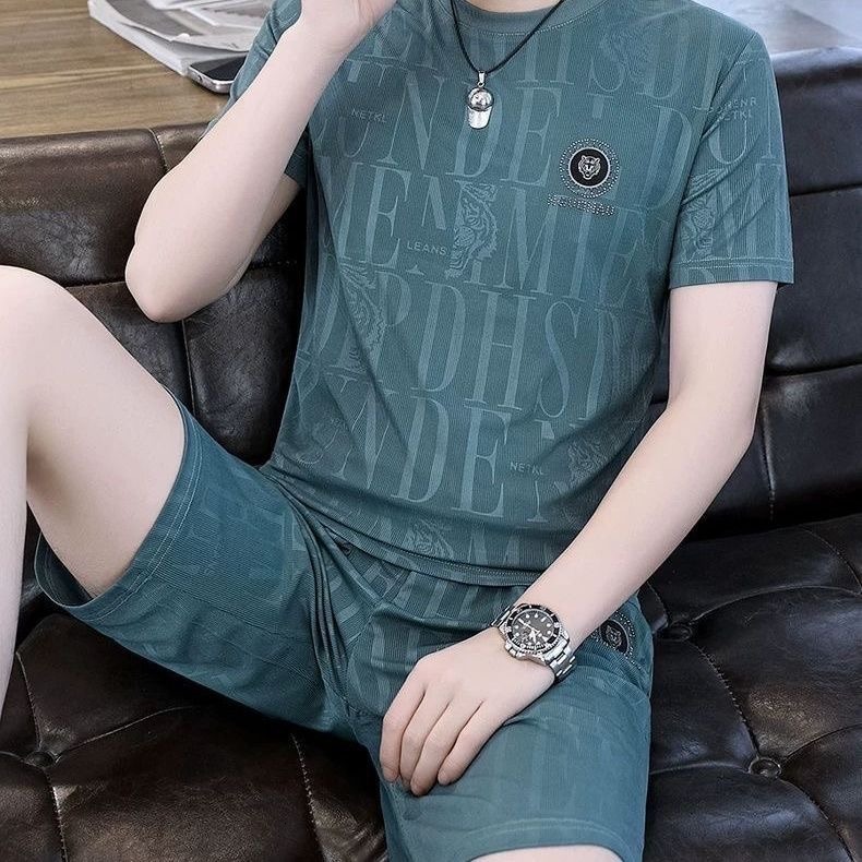 Ice Silk Short Sleeve Shorts Casual Set 2026 Summer Thin Two-Piece Loose Fit Men's