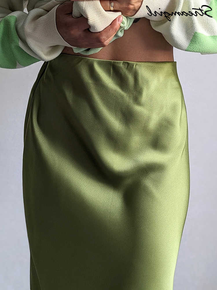Streirl Maxi Solid Slit Skirts For Women Long Elegant Summer Office Champagne Satin Skirts Elastic Waist Womens Summer Skirt L26
