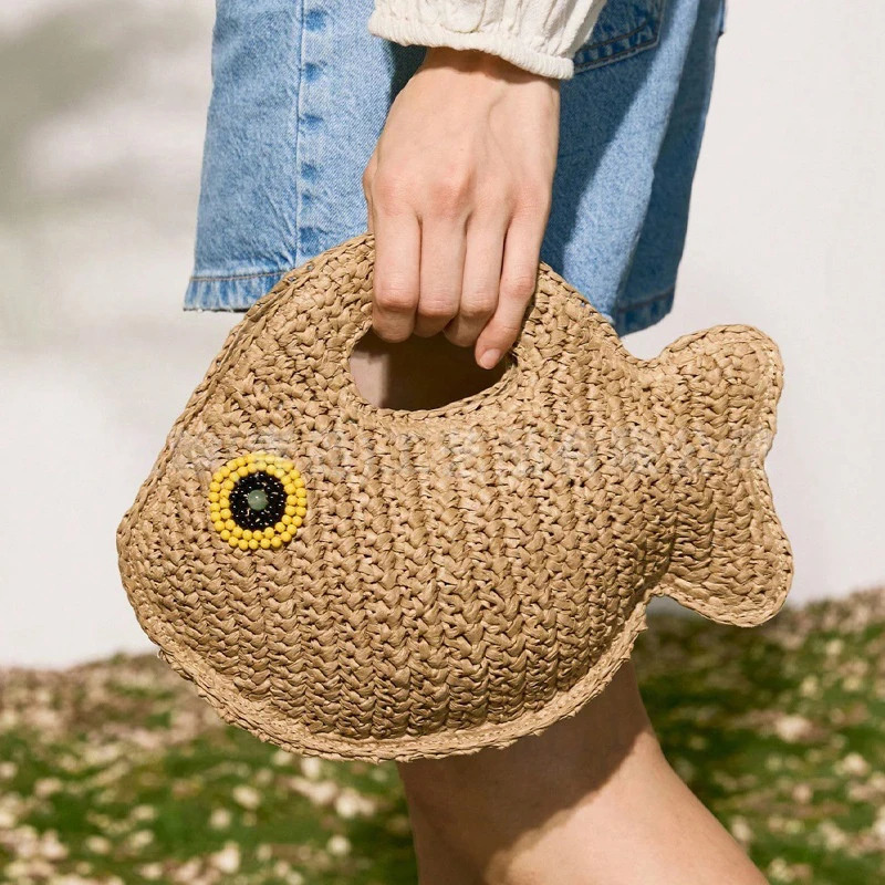 Handmade Cute Goldfish Shape Paper Rope Woven Bag Stylish Ethnic Style Straw Handbag Casual Summer Beach Tote Unique n 260623