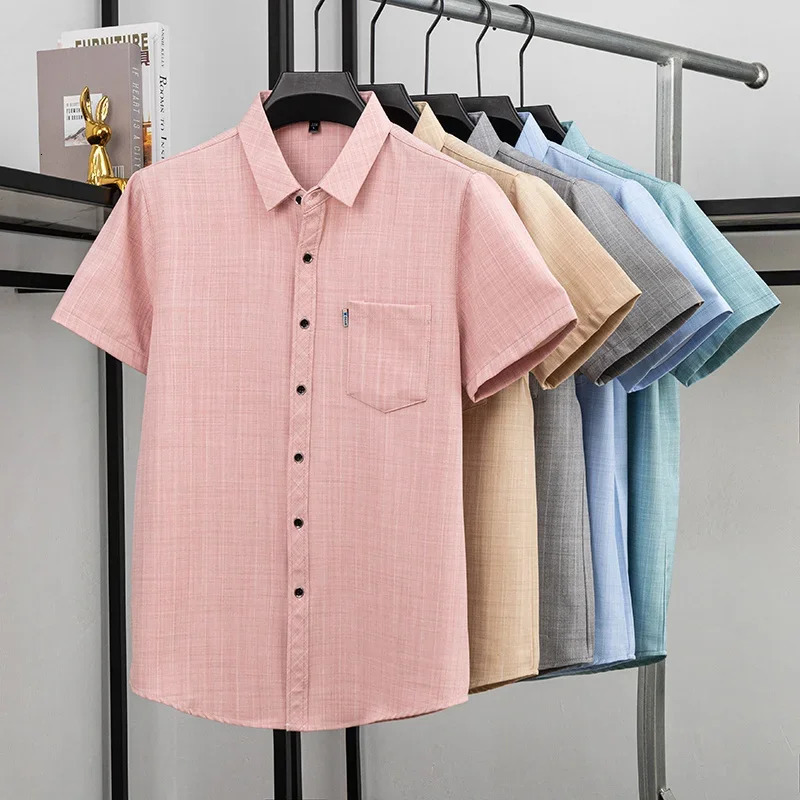 Mens Linen Look Plaid Short Sleeve Polo Shirts Casual Business Tops Breathable Lightweight Summer with Chest Pocket 260616