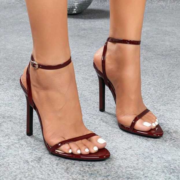 Knöchelriemen Damen Spitzschuh Stiletto Sandalen 2025 Neue Mode Sexy Offene Spitze Burgunderrot Party Hochzeit High Heels Plus Größe 43 T260623