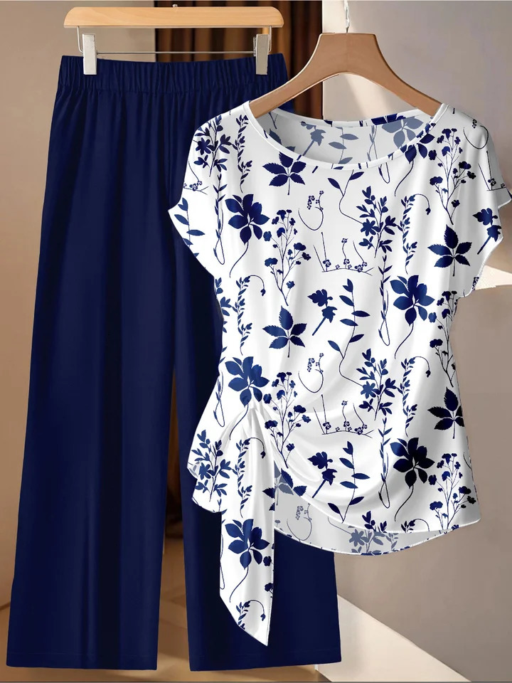 Summer comfortable and casual womens plus size white plant pattern twisted top navy blue wide leg pants set twopiece 260623
