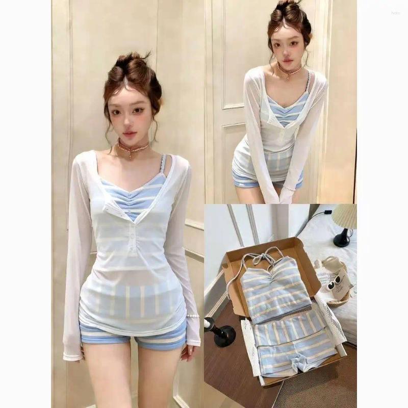 Women's Swimwear Korean Style Kawaii Bikini 2 Piece Set Ladies Vintage Printed Ruffle Halter Design Summer Seaside Casual Swimming Suit