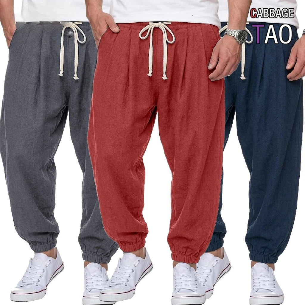 Mens Cotton Linen Trousers Casual Loose Fit Harem Pants Drawstring Bottoms for Spring Autumn Streetwear Joggers Daily Wear 260623