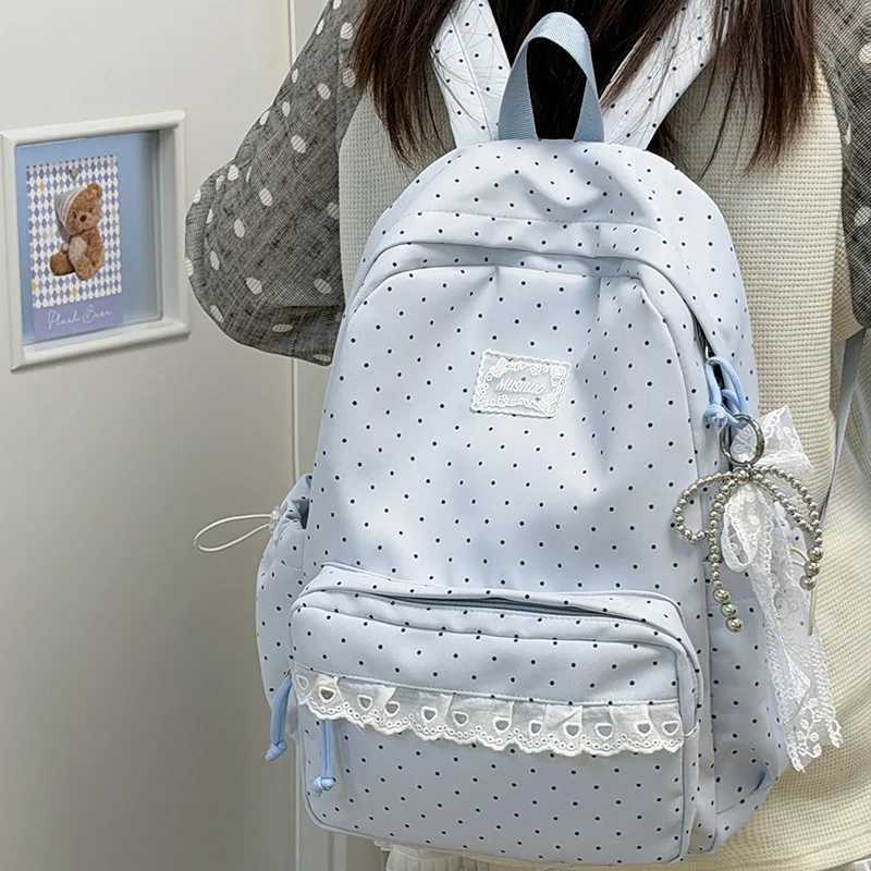 Korean Style Polka Dot Backpack Women Lace Trim Cute Casual Lightweight Nylon School Travel BagT260623
