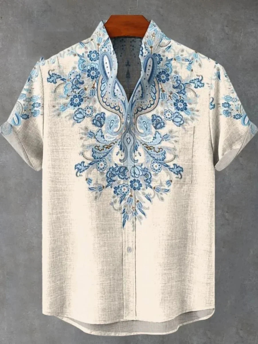 Summer Mens Printed Short Sleeve Shirt Vintage Linen Shirt Mens Festival Casual Short Sleeve Top Street Trend Fast Delivery 260623