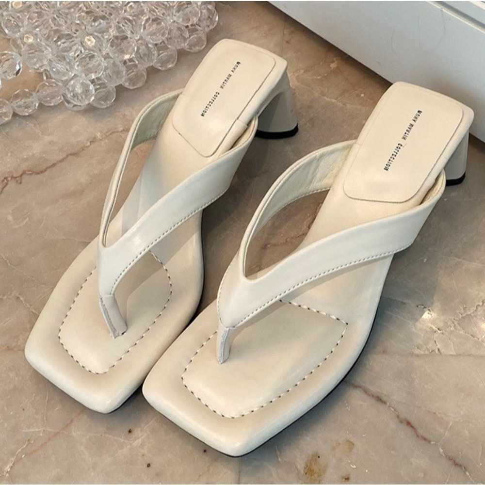Womens Slippers for 2026 Summer New PU Toe and Middle Heel Sandals Square Toe Flip Flops Beach Coarse Heel Sandals Women T260623