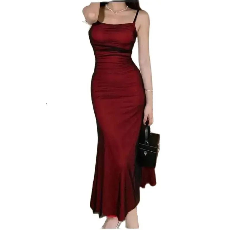French Womens Sleeveless Bodycon Corset Maxi Dress Wine Red Spaghetti Strap Ruched Elegant Evening Party Long Vintage Dresses 260622