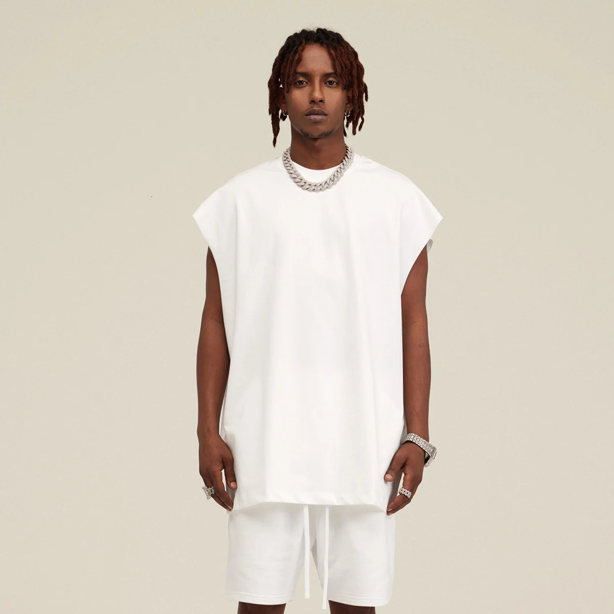 2025 SpringSummer Trendy 100 Cotton Sleeveless Tee Man Ins Street Sports Tank Top for Men Solid Color Oversized Women Tshirts 260618