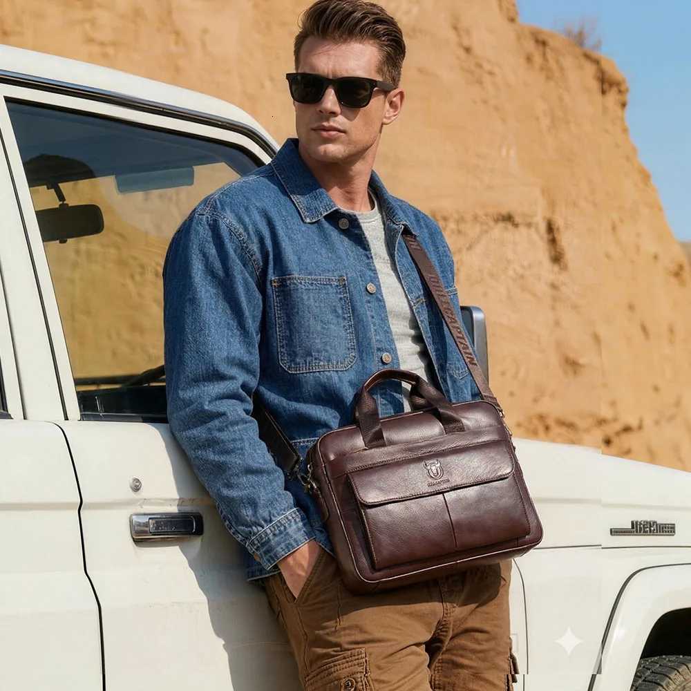 Mens Bag Genuine Leather BULLCAPTAIN Men Briefcase for Laptop 14 Messenger Mens Leather Bag Business Portfolio for Document A4 H2606231