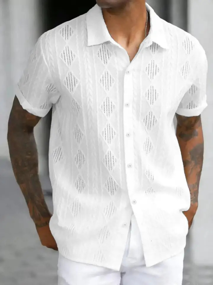 Mens regular slim fit solid color short sleeved shirt with button down casual hollow top suitable for summer fashion daily wea 260622