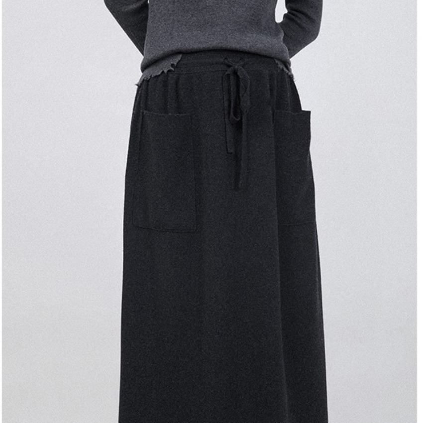 (1954) Autumn and Winter High-waist Wool Skirt Mid-length Pocket Knitted Skirt-image-1111766652