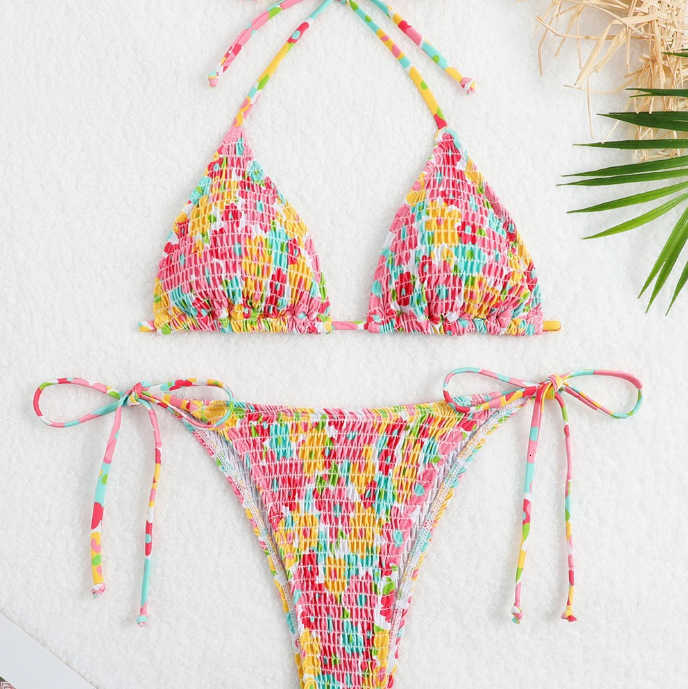 Sexy Pleate Bikini Women U Neck Push Orange Floral Print Micro Swimsuit 2025 Summer Bathing Suit Lace Up Thong Swimwear R260623-image-1094448496