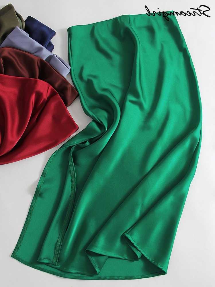 Summer Satin Skirts Women Clothes Green Silk Skirt Office Elegant High Waisted Midi Skirts With Slit For Women Black L26