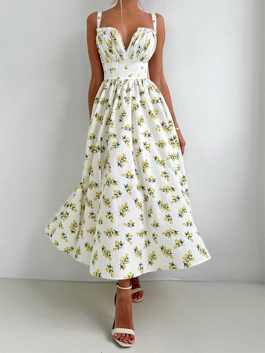 Bornladies 2025 Summer New Cami Dress High Waist Slit Lemon Print Maxi Dress Vacation Long Dress For Women L26