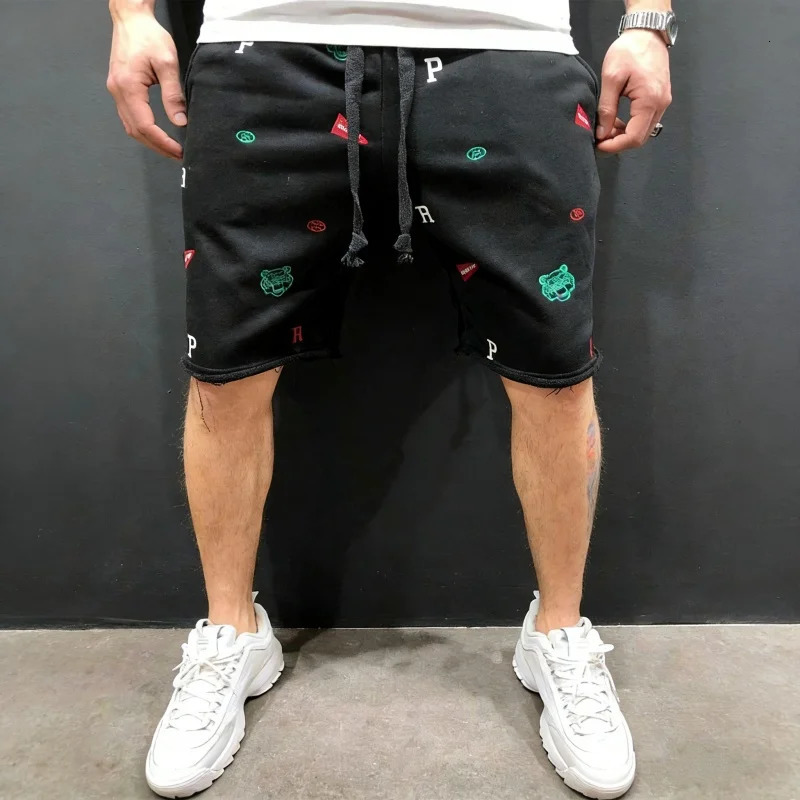Spring Summer Mens Cotton loose Shorts Streetwear Bodybuilding Embroidered casual Short pants Jogger sports Tiger head Shorts 260623