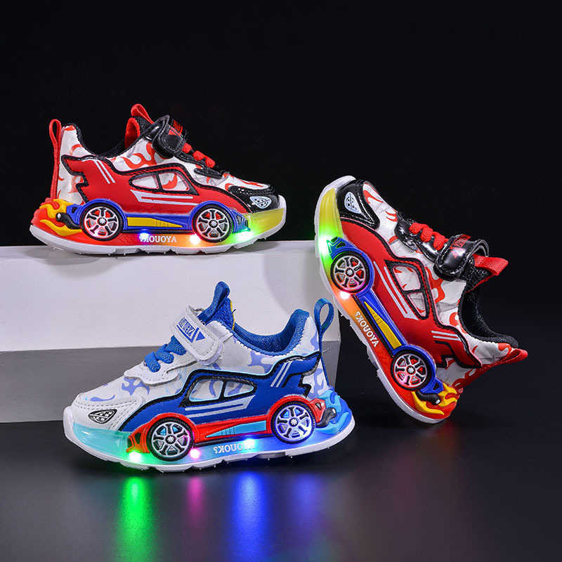 Sneakers Glowing 2025 Spring and Autumn New Car Childrens Casual Shoes for Boys Leather Surface Light-Up Shoes S2606235RWB