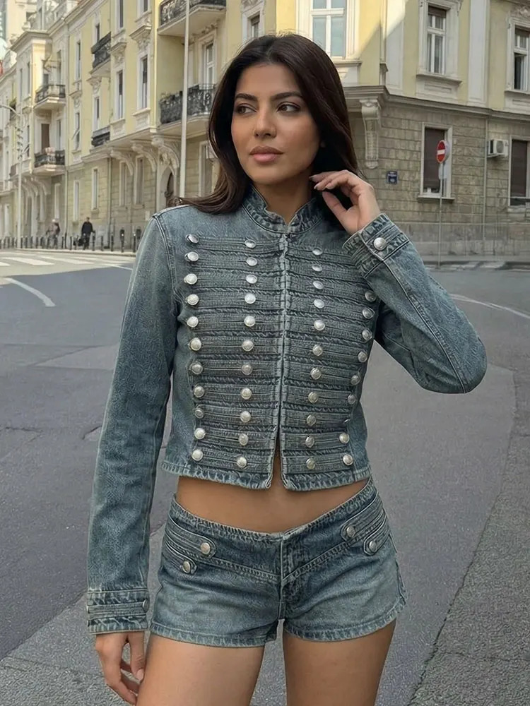 HH Women Fashion Denim Jacket Front Metal Button Decoration Coat Long Sleeve Slim Elegant Woman High Street Outwear 260625