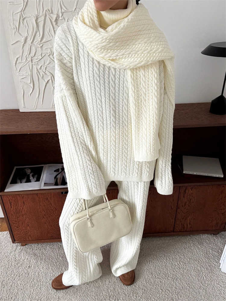 Tossy Knitwear Sweater 2 Piece-Set Womens Pants Outfits For Women Turtleneck Ribbed Loose Pullover And Wide Leg Trousers Sets L26