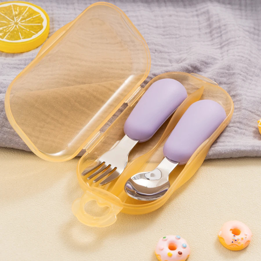 2PCS Baby Silicone Stainless Steel Fork Spoon Portable Tableware Feeding Training Utensils Solid Color Stuff 260623