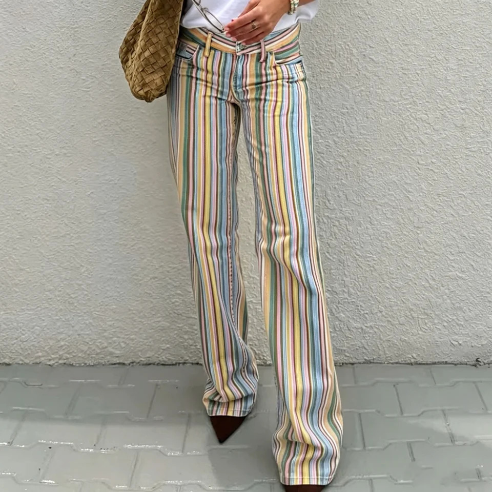 Summer Rainbow Striped Jeans 2026 Fashion Low Rise Straight Leg Pants for Women y2k Womens Streetwear 260623banjia