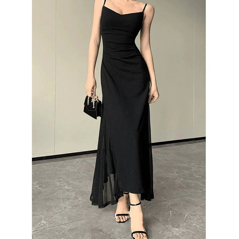 Korean V-Neck Spaghetti Strap Dress for Women Sexy Backless Waist-Tight Party Dresses Woman Elegant Black Sheer Midi Dress 260622