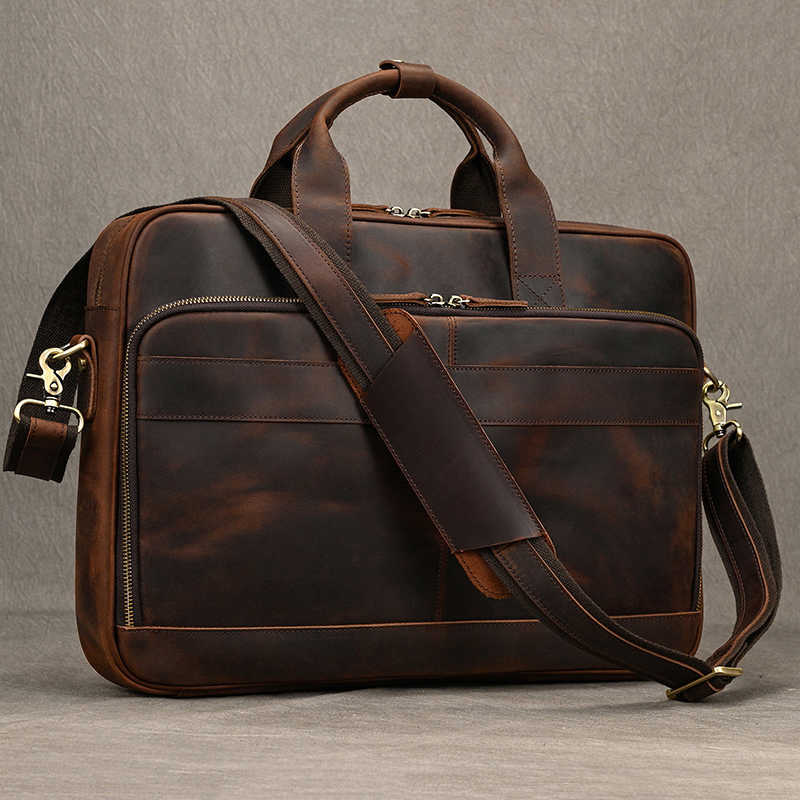 Leather Genuine Crazy Men Horse Briefcase Vintage 16 inch Big Business Laptop Handbag Large Cowhide Messenger Shoulder Bag Man H260623