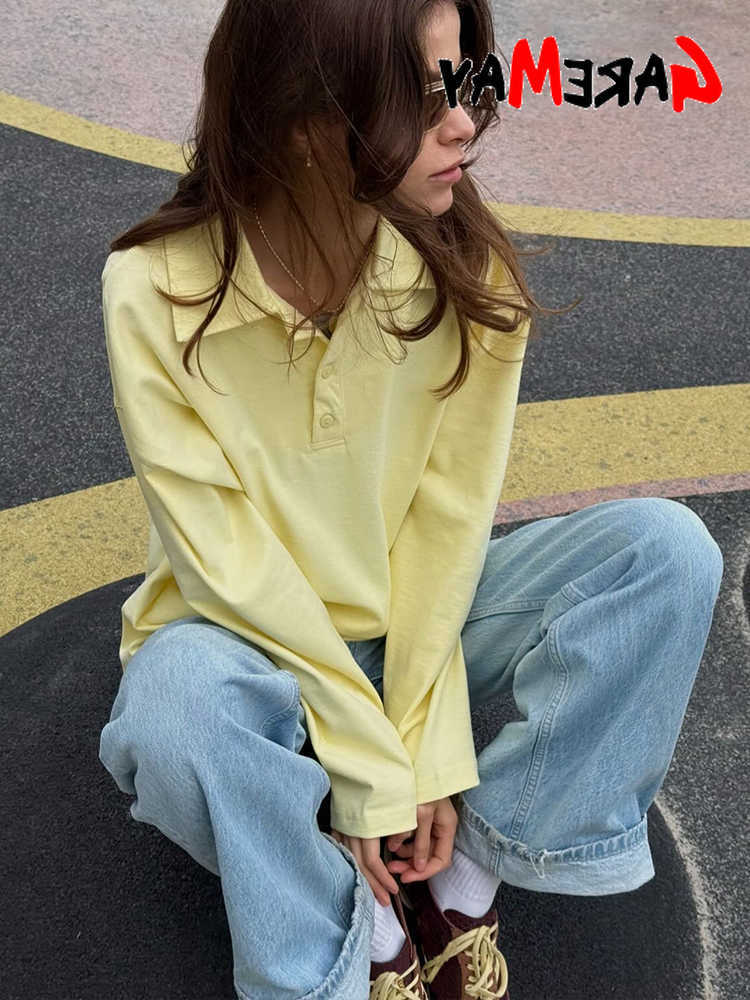 Beautiful Spring Womens Long Sve Top Basic Casual White Brown Polo Shirt Vintage Cotton T-shirts for Women Streetwear 2026 L26