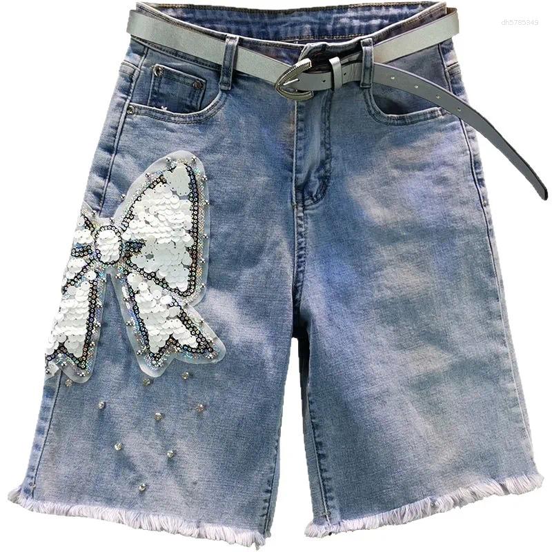 Women's Shorts Summer European Style Women Thin Five Point Denim High Waist Slim Fit Beaded Sequins Decor Versatile Casual Jeans Pants
