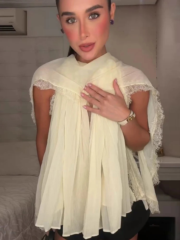 High Neck Lace Capelet Peplum Blouse Crochet Structured Waist 2026 Summer Chic Sweet Elegant Women Office Feminine 260625