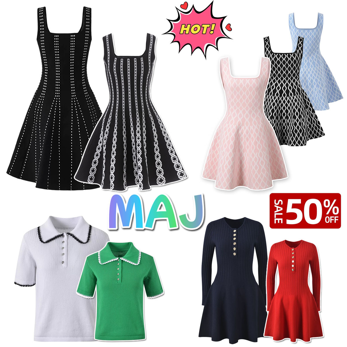 Elegant Office Wedding Cocktail Party Outfits Luxury Designer Maje Women Slim Waist Flared Hem Sleeveless Square Neck Knit A Line Mini Dress V Neck