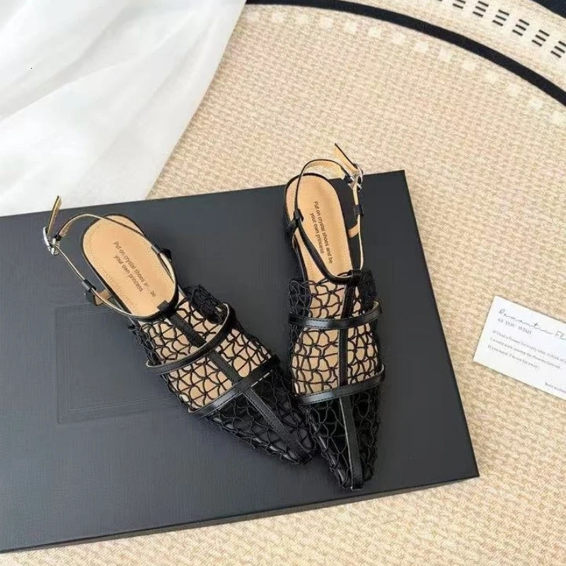 Spring Womens Shoes Vintage Fashion Cutout Mesh Pointed Toe Block Heel Strap Block Heel Sandals 260623