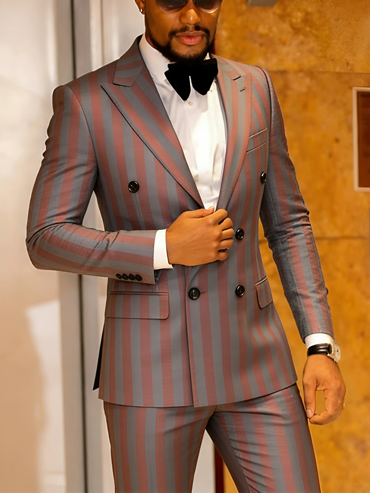Mens Jacquard 2 Piece Suits Slim Fit Double Breasted Suit Jacket Pants Set Casual Wedding Business 260618
