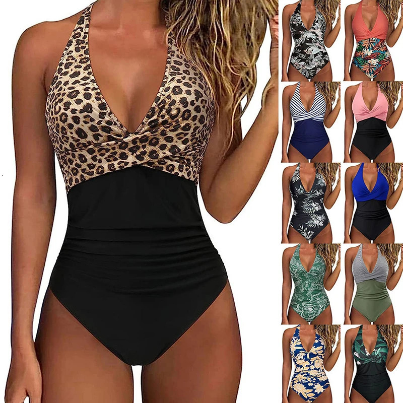 Print One Piece Swimsuit Women Sexy Pleated Bathing Suit Leopard Printed Bodysuit Bikini Set Summer Fashion Beachwear 260623