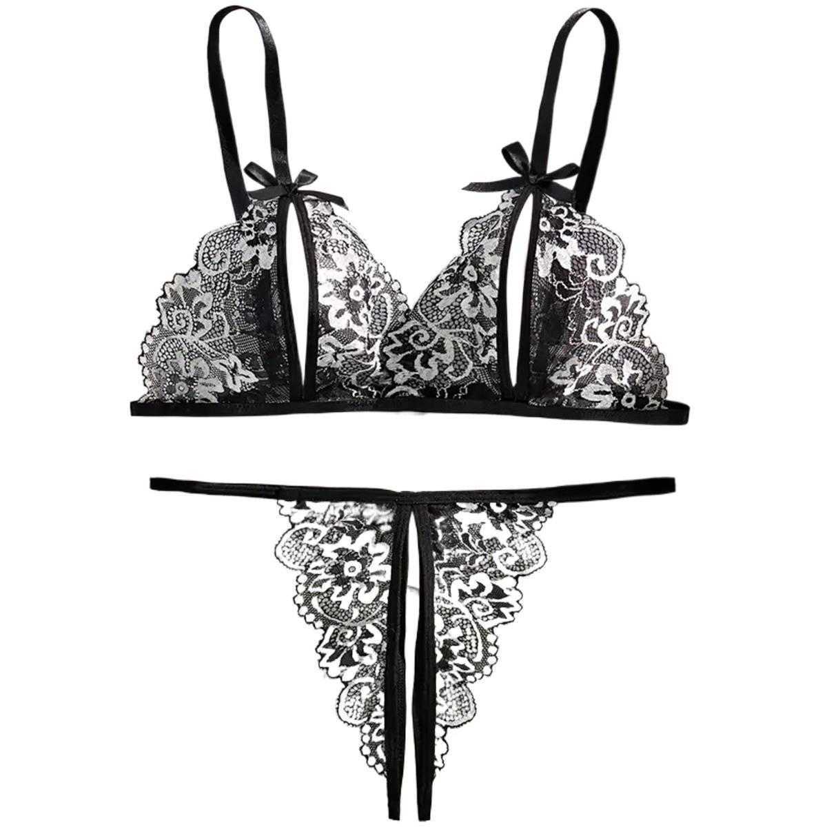 Lace Floral Sexy Lingerie Bow Open Split Cup Intimates Bra And Thongs Sets Crotchless Naughty Porn Sex Outfit Womens Underwear D260623