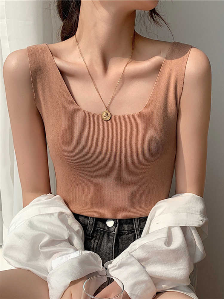 Tops AOSSVIAO 2026 Summer Knitted Neck Summer Basic Shirts White Black Casual Sport Vest Off Shoulder Green Womens Tank Top M260623