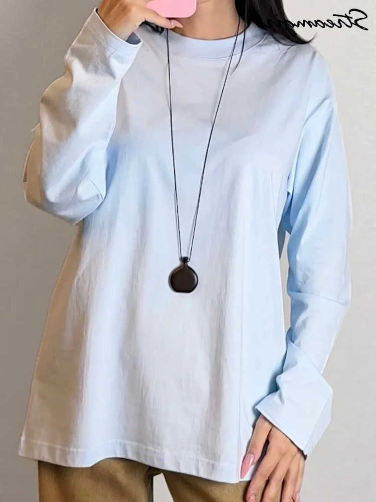 Streirl Green Long Sve T Shirts Women Basic 100 Cotton Loose Tops Pink Tees Female O Neck T Shirt White Plain For Women L26