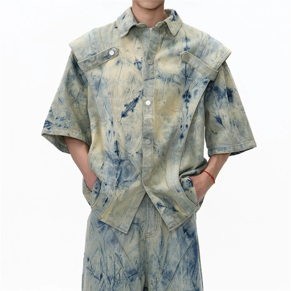 Tie Dye Denim Sets Streetwear Hip Hop Patchwork Jeans Shirts Men Oversized Harajuku Vintage Baggy Shorts Mens Blouse 260623banjia