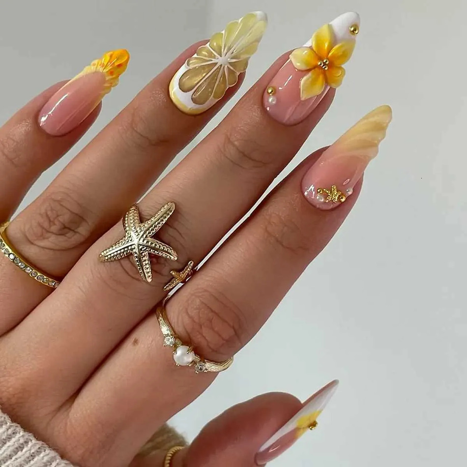 24Pcs Summer Orange Flower Pattern Press On Nails With Mid Length Almond Wearing Fashion Set maquillaje French Acrylic Nail Tips New 001