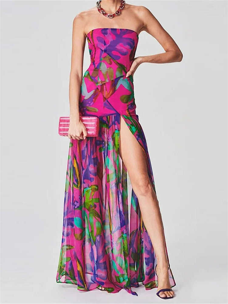 Womens Tube Top Dress Bohemian Printed Strapless Mesh High Slit Long Dress Summer Evening Party Beach Sexy Club Dresses Summer L26