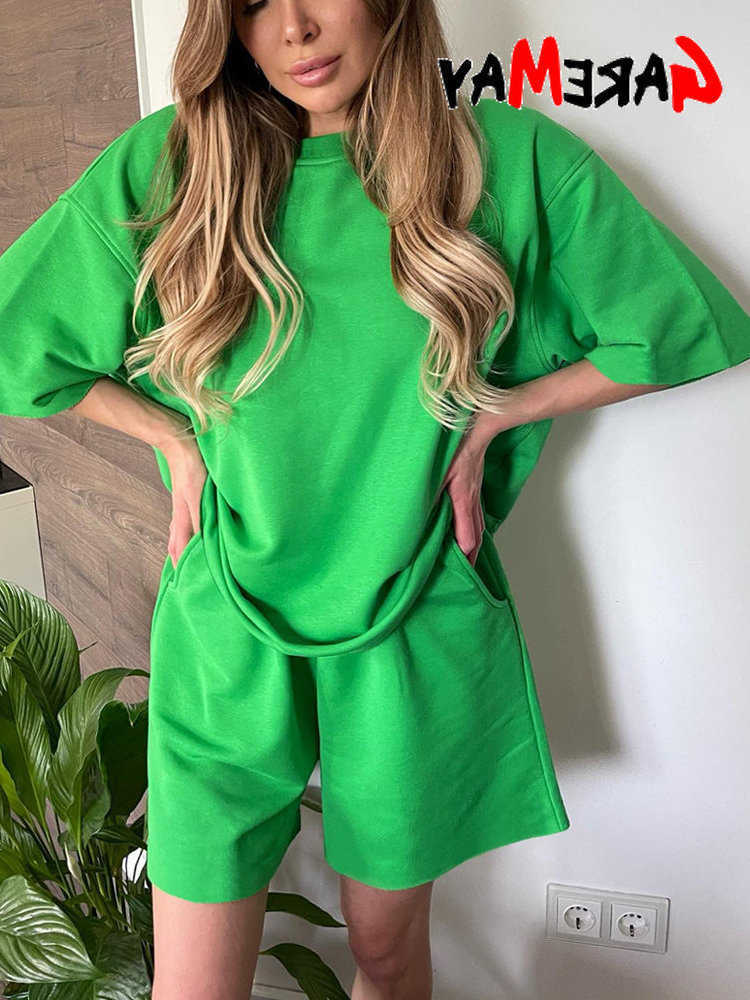 Cotton Womens Summer Suit with Shorts and Top Classic Casual Oversize Two-piece Set Tracksuit Shorts and T-shirt for Women 2025 L26