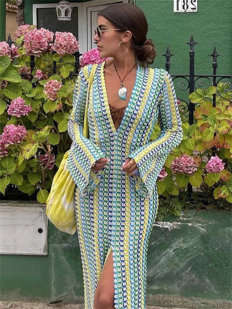 Tossy Contrast Hollow Out V-Neck Maxi Dress Female Slim Loose High Street Long Sve Lace Dress Patchwork Fashion Long Dress L26