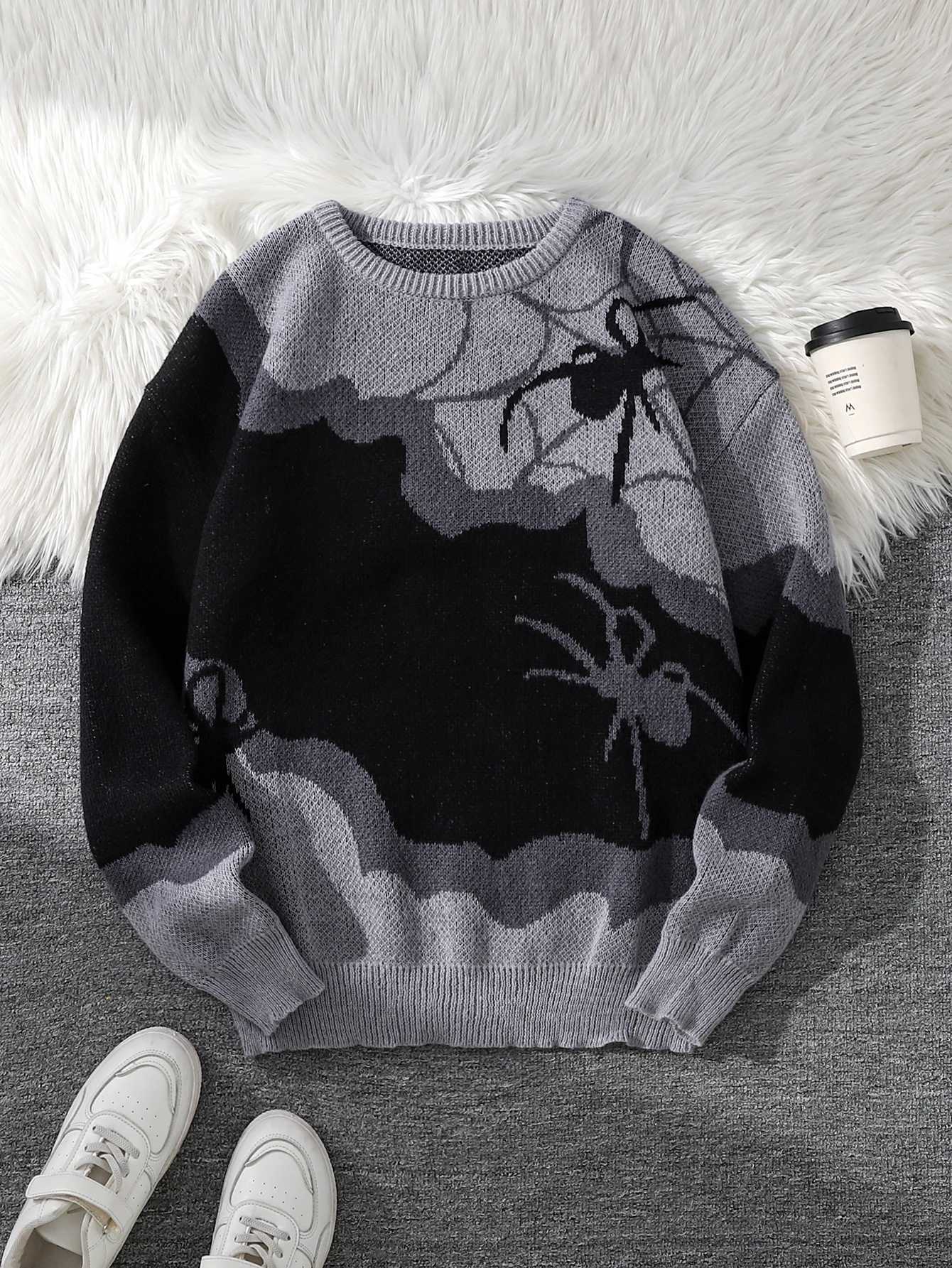 Jacquard Double-Sided Knit Mens Sweater Designed with Patchwork Crew Neck Long Slves Regular Fit Suitable for Couples Perfect for Autumn and Winter