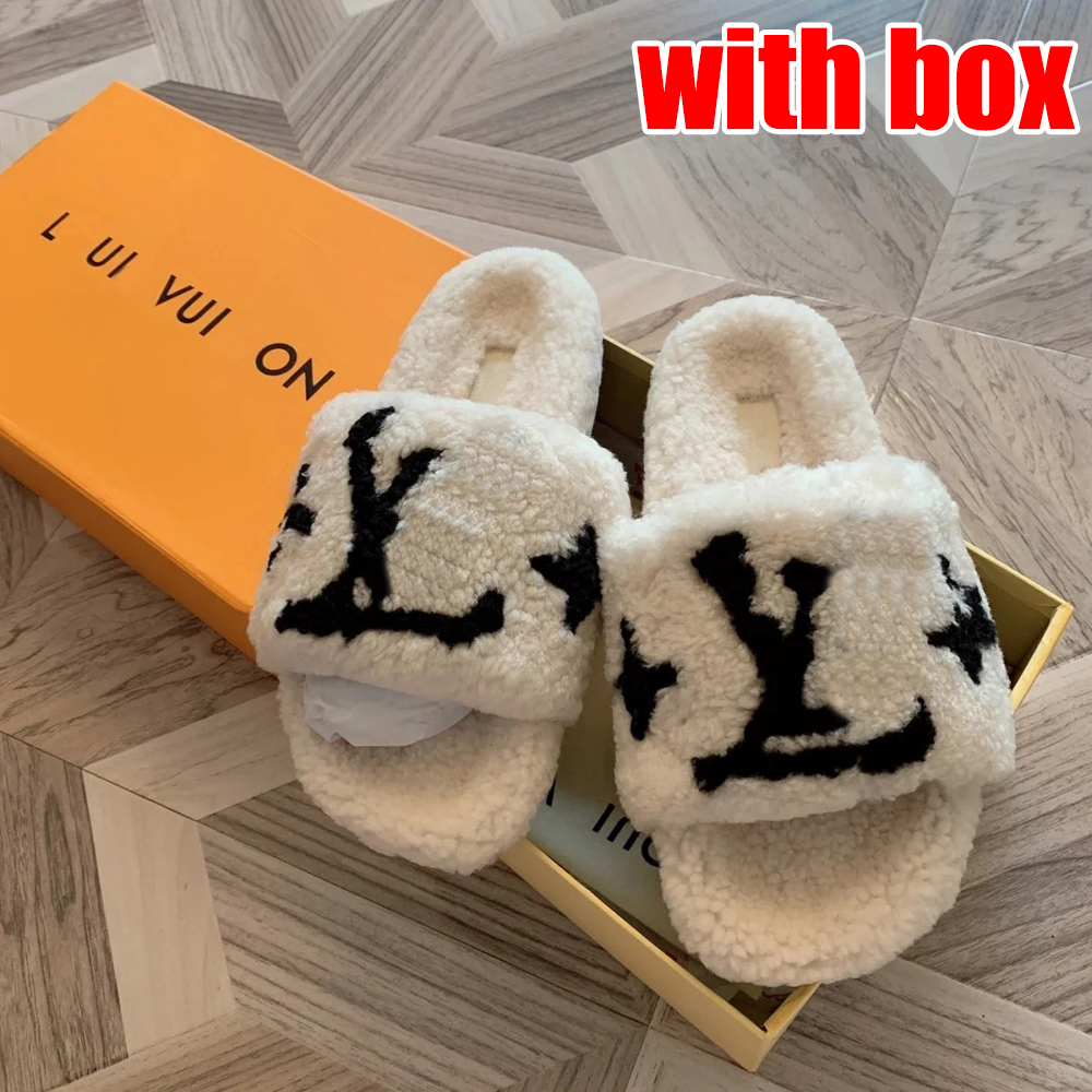 Designer Women Multicolor Fluffy Shearling Slide Slippers Classic Monogram Embroidery Furry Open Toe Sandals Warm Non-Slip Indoor Outdoor Winter Coz