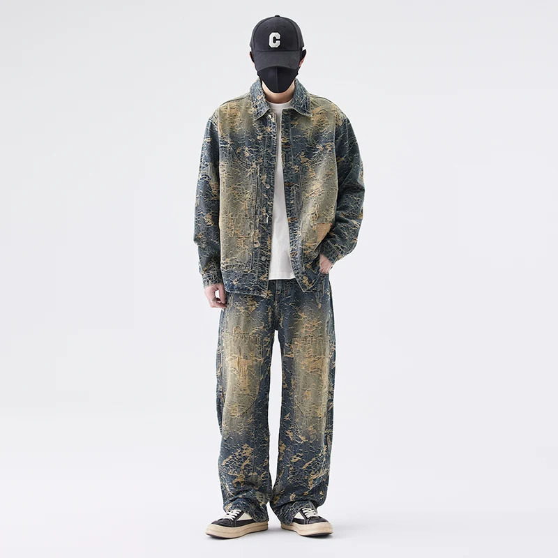 American High Street Denim Sets Mens Jacquard Ragged Loose Casual Plus Size Retro Washed Shirt Style Jacket Jeans Pants 260623banjia