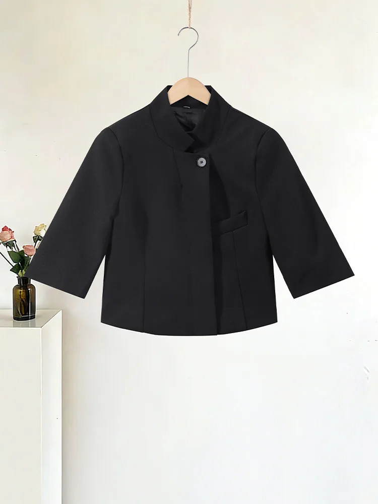 Elegant Black Womens Cropped Blazer Coats Stand Collar Singlebreasted Short Sleeve Suit Jackets 2026 Spring Summer Outwear 260625