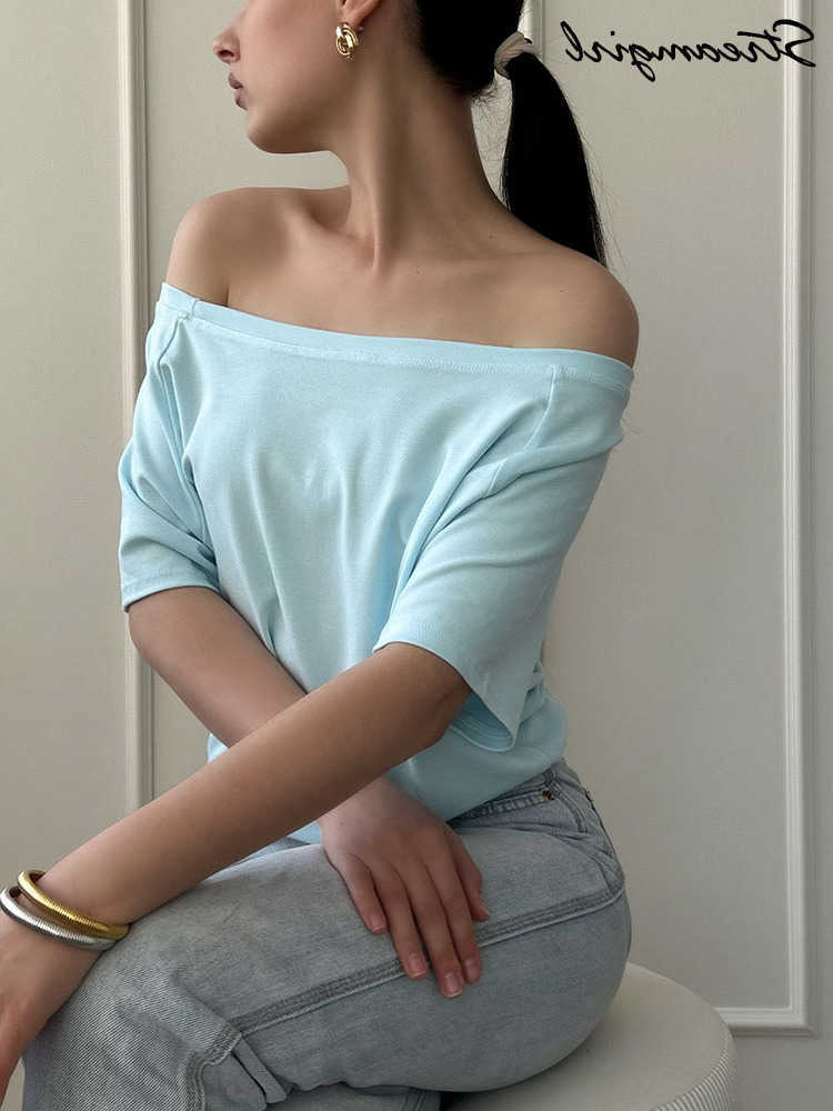 Summer Slash Neck T Shirts Women Short Sve Top Sexy Off Shoulder Oversized Tshirt Blue Solid Loose T shirts For Women White L26
